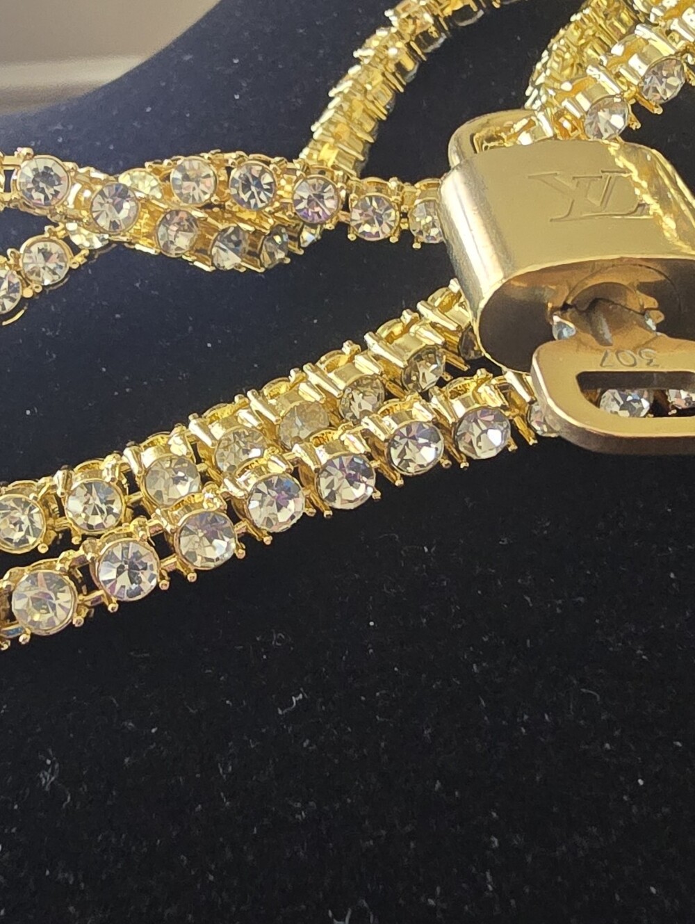 Louis Vuitton Gold Padlock Pendant on Crystal Pavé tennis Chain - Picture 8 of 9